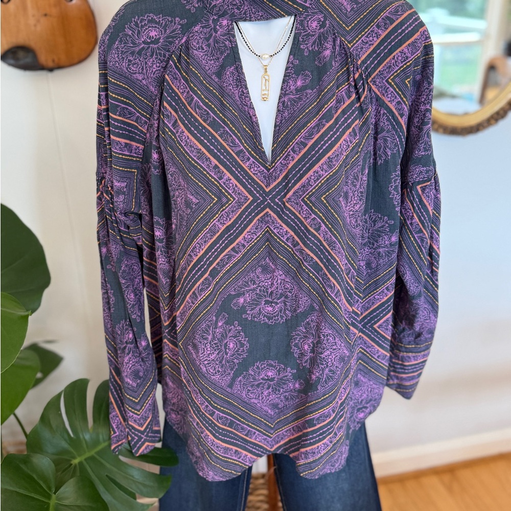 🌞Free People Purple Patterned Blouse – Boho Festival Bandana Print, #12